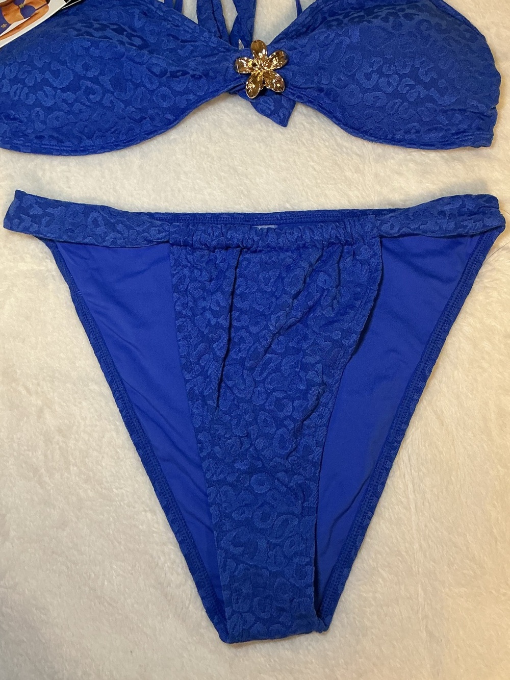 bebe Cobalt Blue Bikini Set with Gold Flower Accents - Picture 4 of 11